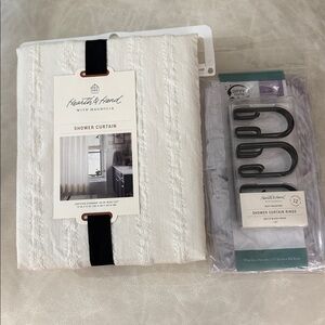 Hearth & Hand Cream Shower Curtain with Textured Stripes with 12 black hooks